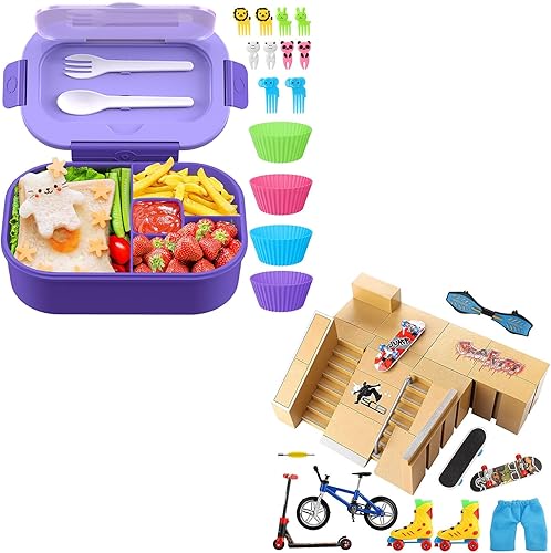 TIME4DEALS 4 Compartment Lunch Container with Cutlery Purple & 16 Pcs Fingerboard Mini Finger Skateboards Toys
