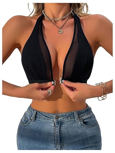 GORGLITTER Women's Front Fastening Bras for Women UK Wireless Mesh Sheer Halter V Neck Bra Everyday Bralettes - S - Black