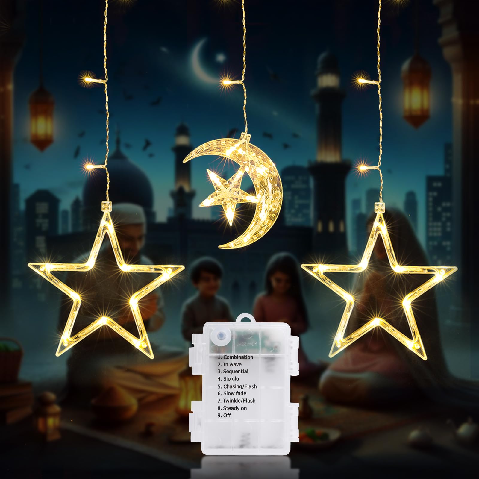 Quntis Ramadan Decorations Window Lights, 3Pack 43LEDs Star Moon Window Ramadan Lights, Battery Powered Star Moon Hanging String Lights with 8 Modes Perfect for Indoor/Outdoor Home Décor Warm White
