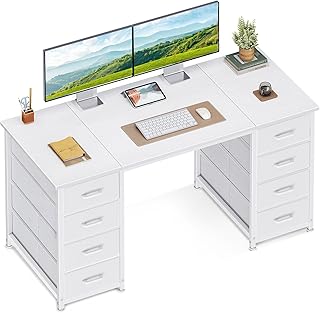 Coleshome Schreibtisch Mit 8 Stoff Schubladen, 120x48cm Schreibtisch Weiß Mit Stauraum Computertisch Vielseitg, Bürotisch PC Tisch Officetisch Für Büro, Wohnzimmer, Home Office