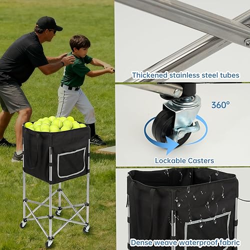 Miniatura 2 de Tolva de pelota de tenis y pickleball con ruedas, acero inoxidable plegable, capacidad de bola de 180, sin doblarse, ruedas bloqueables de 360,