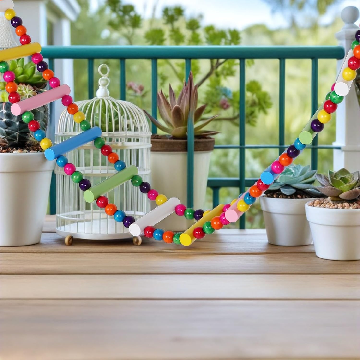 2pcs Wooden Bird Ladder Bridge with Colorful Rungs, Parrot Climbing Swing Ladder for Cage, Natural Wood Stairs for Parakeets, Cockatiels, Small Birds, and Pet Rodents Random Color