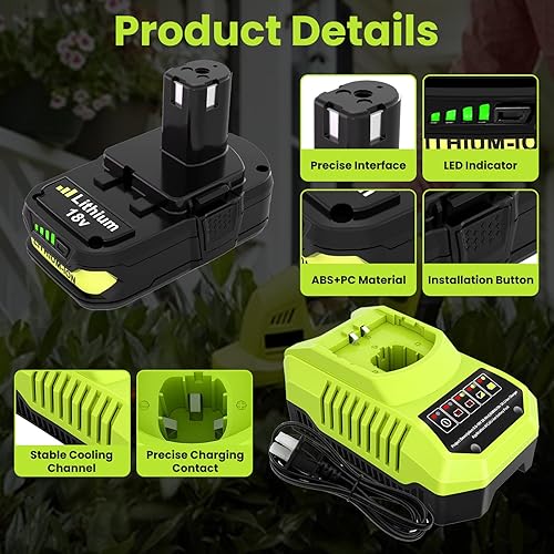 Miniatura 3 de Paquete de 2 baterías de litio de 3.6 Ah de repuesto para batería Ryobi de 18 V y cargador P117 Combo compatible con batería y cargador Ryobi de 18