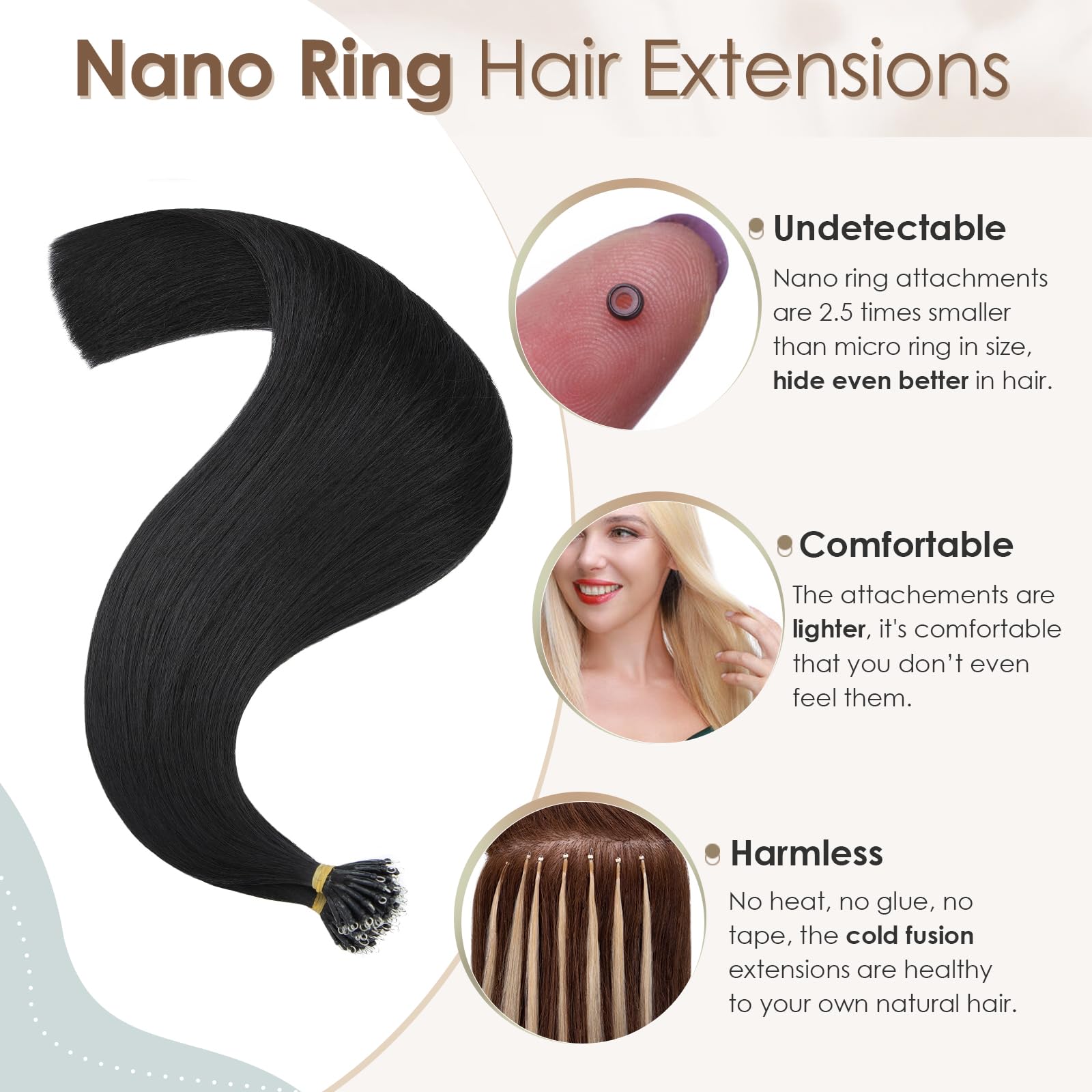 Elailite Black Nano Hair Extensions Real Human Hair With Nano Beads Rings Cold Fusion 50 Strands 50g Straight Long (#1 Jet Black - Image 2