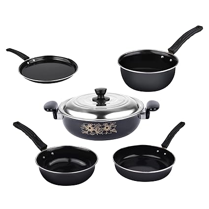 ATEVON 5-Piece Premium Non-Stick Cookware Set - Daily Home Cooking Essentials - Includes Frying Pan, Saucepan, Kadai with Lid, Small Tadka, and Tawa - Kitchen Utensil