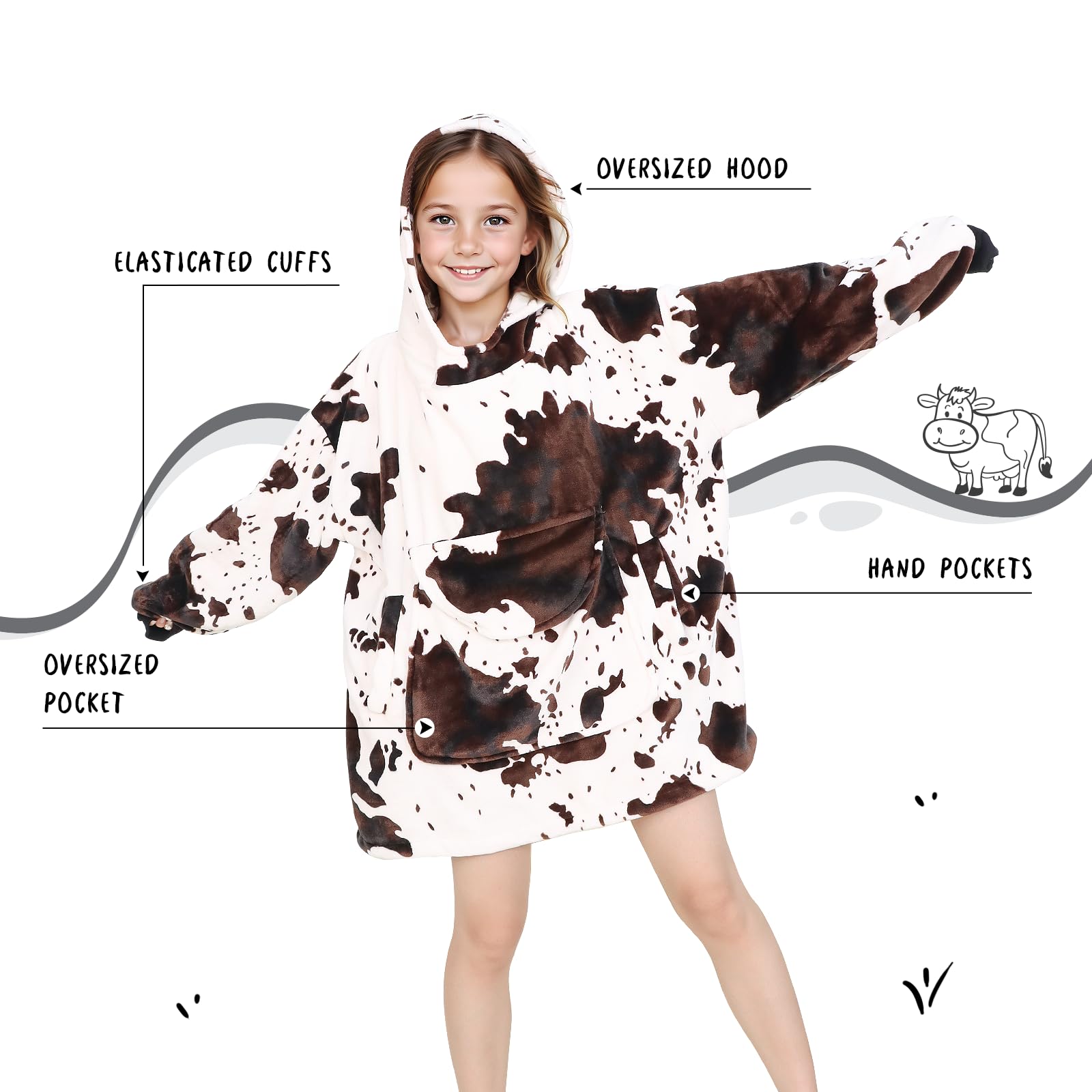 1 X Brand New Queenshin Zip Up Cow Wearable Blanket Hoodie,Oversized S