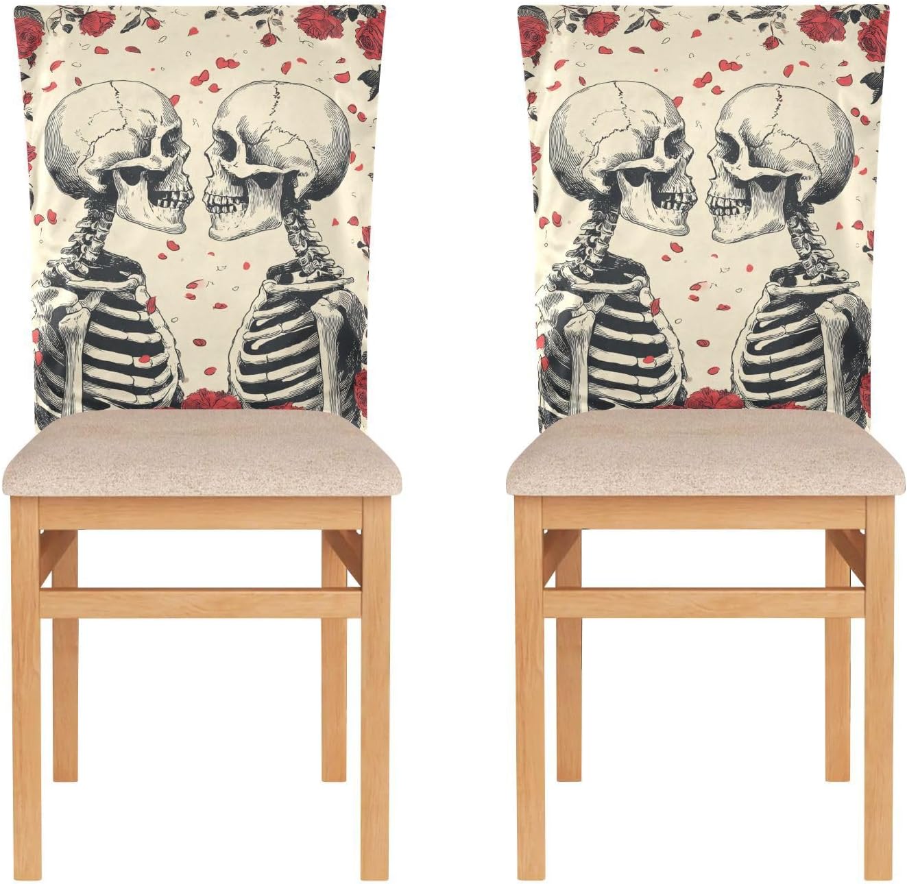 ALAZA Romantic Skeletons Hearts Roses Chair Back Cover Set of 6, Washable Reusable Removable Chair Slipcovers Decorative Chair Cover for Home Kitchen Wedding Party