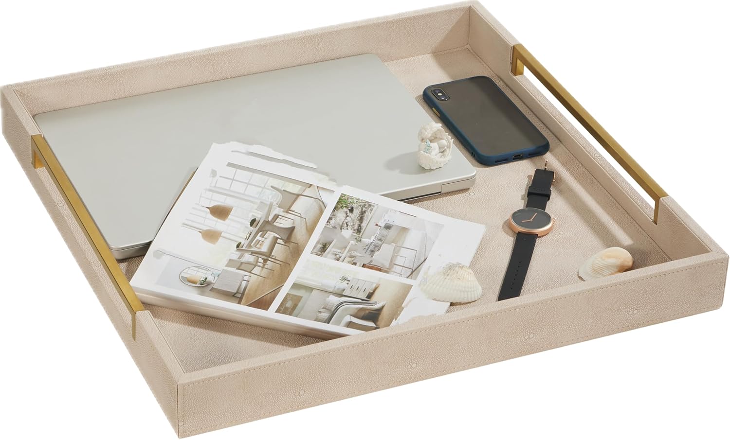 Sagala 20"x20" Extra Large Ottoman Tray with Gold Handles, Ivory Shagreen Leather Decorative Tray for Coffee Table Large Serving Tray for Dinner, Breakfast, Party, Bar (Ivory-Gold, Square 20")
