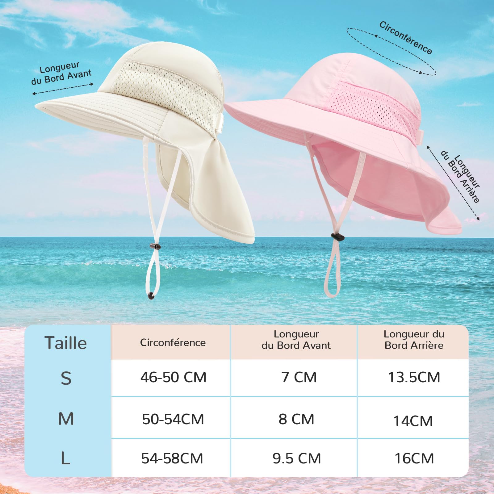 Bébé Chapeau de Soleil Fille Garçon Chapeau de Cou Protection Enfants Chapeaux de Seau Respirant Bébé Fille Chapeau de Plage Chapeau d'été pour Tout-Petits