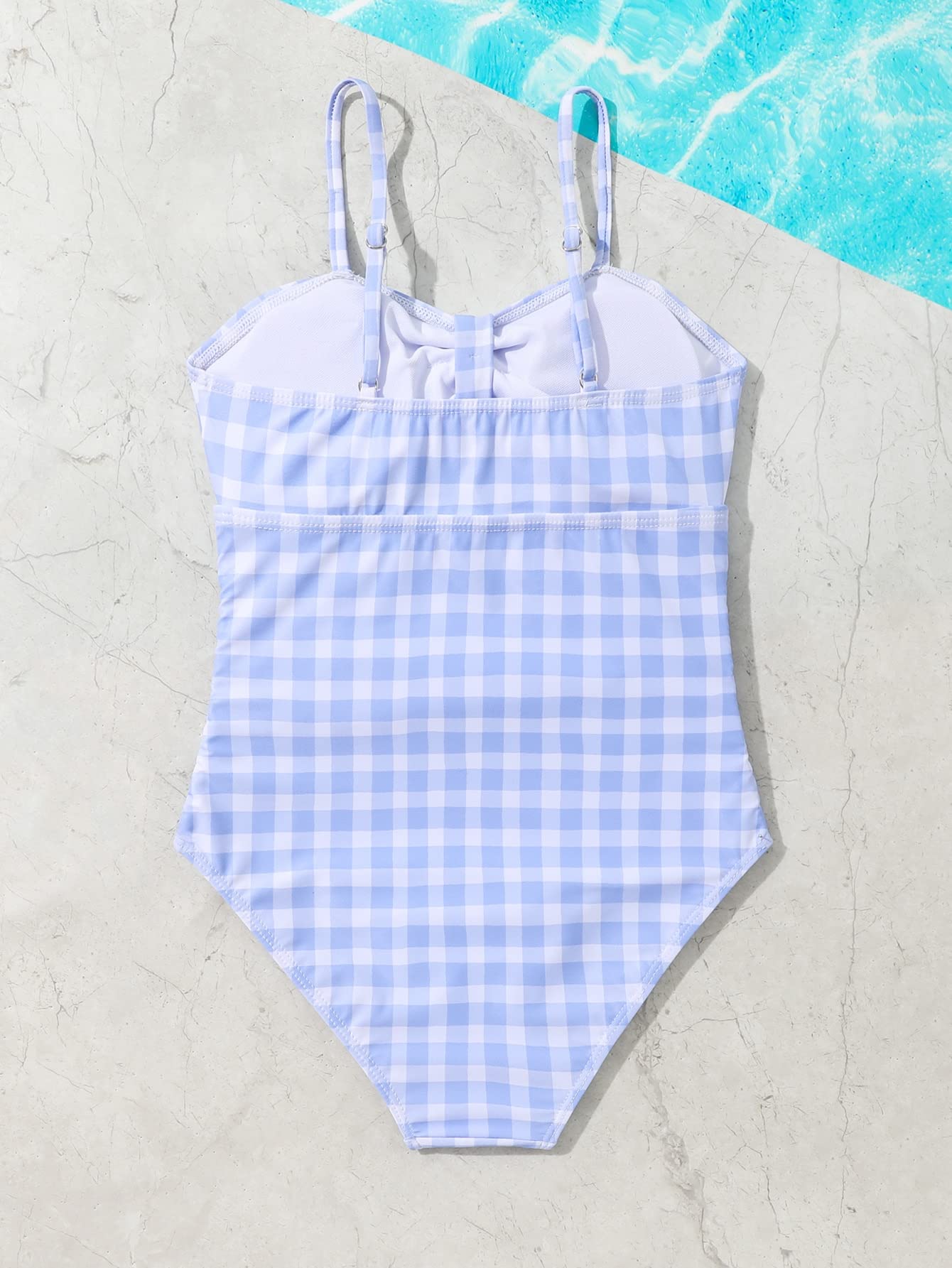 Floerns Traje de baño de una pieza con estampado de cuadros fruncidos y nudo frontal para niña