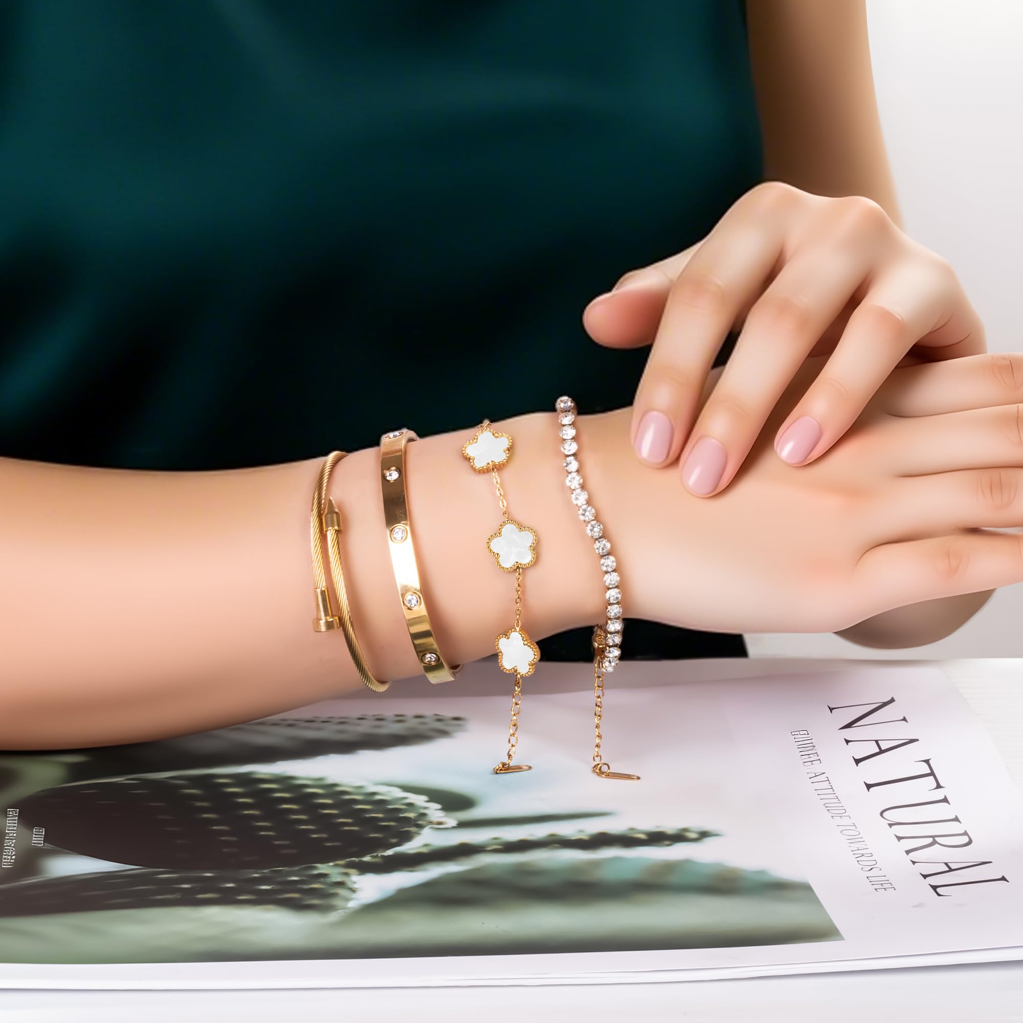 18K Gold Plated Womens Stackable Floral Gold Clover Bracelets Set Love Bangle Bracelets Non Tarnish, Nail Bracelet Set Trendy Jewelry,Gifts for Women's Day and Mother's Day