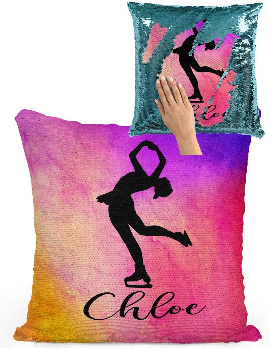 Violet Victoria & Fan Star Figure Skating Custom Sequin Pillow with Rainbow Watercolor Silver Sequin Pillowcase Only 16x16 Inches