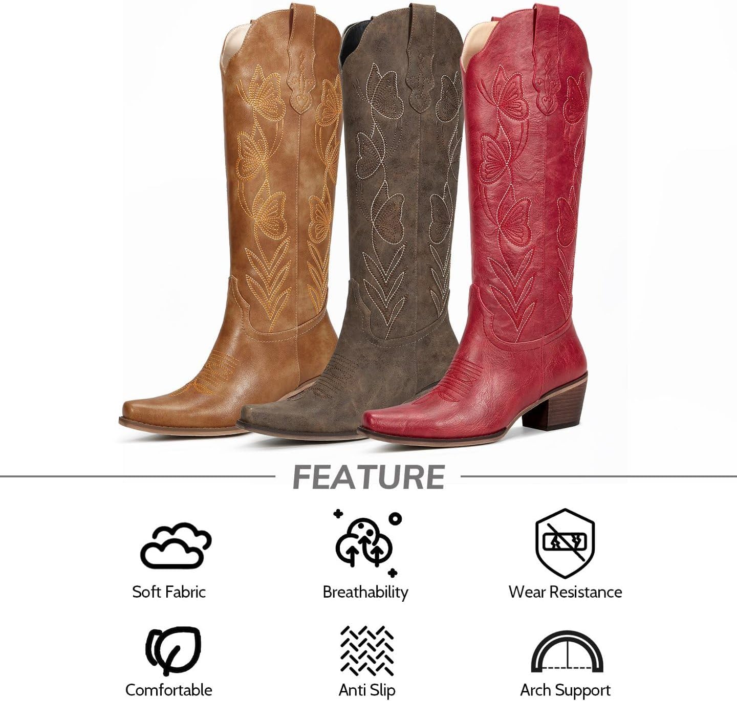 wetkiss Cowboy Boots for Women Knee High Cowgirl Boots - Butterfly Embroidered Zipper Chunky Heel Boot, Casual, Festivals, Shopping & Western Parties, Vintage Style Comfort Tall Boot - Image 5