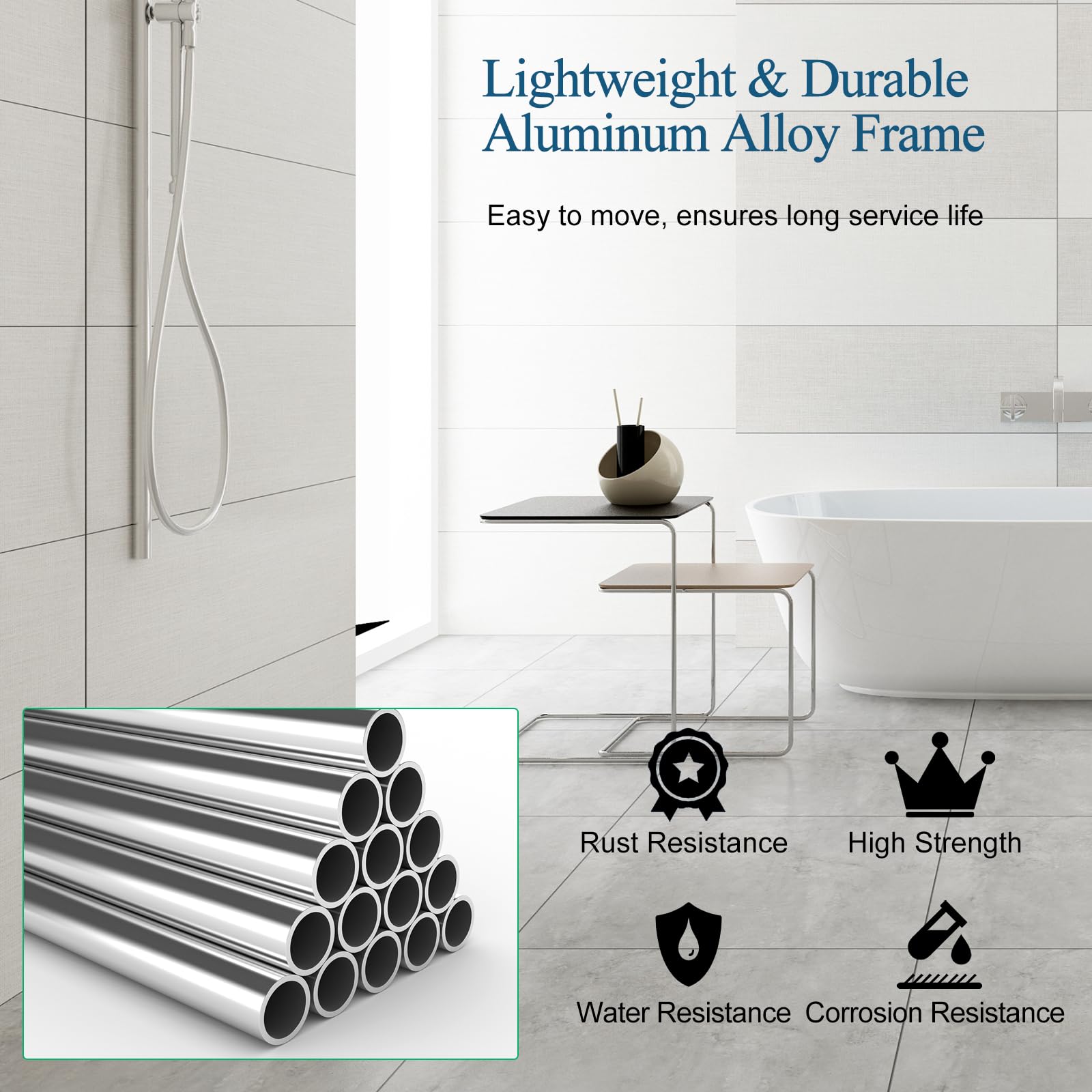 HOMASIS Taburete de Ducha Regulable en Altura en 6 nilveles, Banco de Ducha de Aluminio con Brazos Acolchados Desmontables y pies de Goma Antideslizantes, para Personas Mayores, 59x34x54-67cm, Blanco