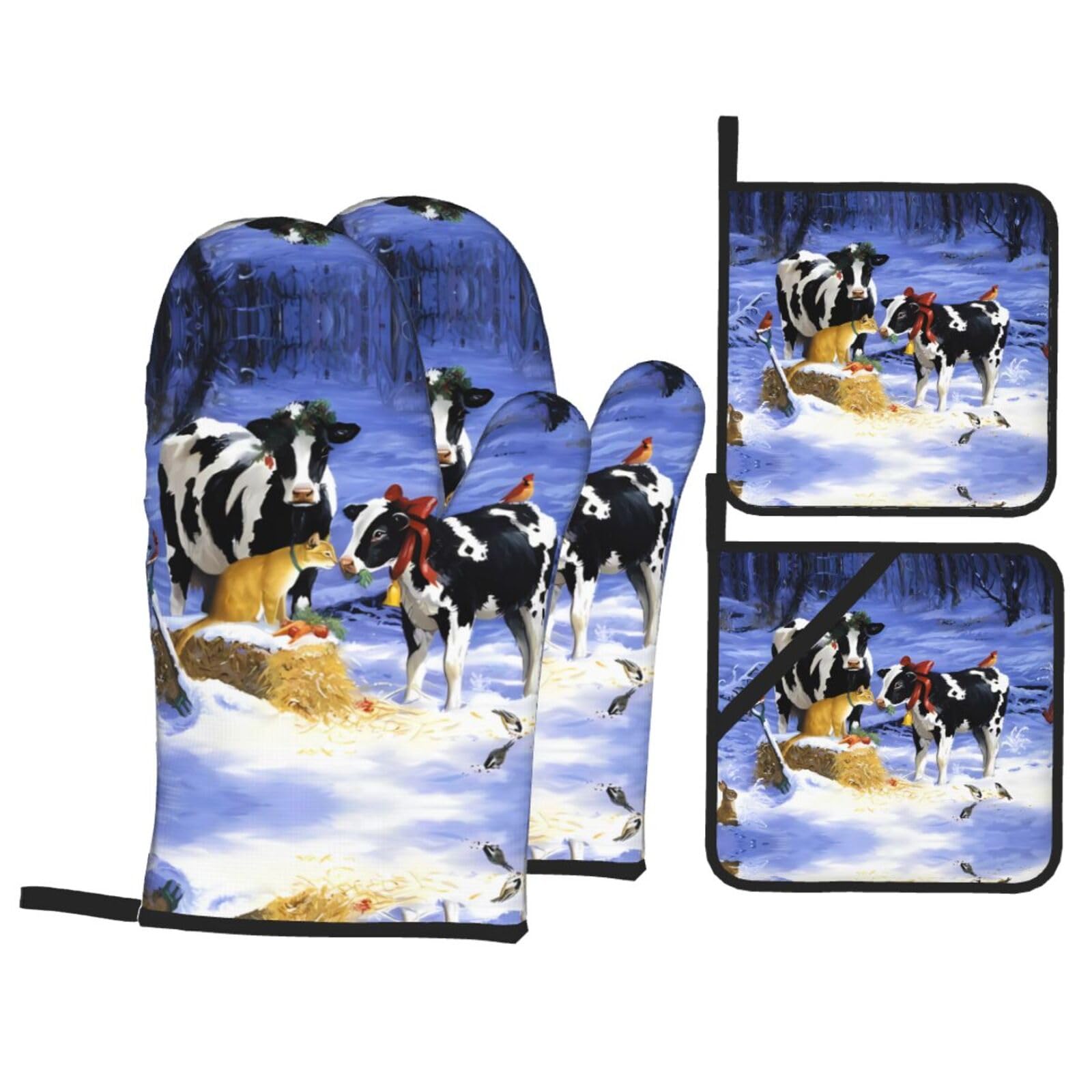 WHJSSF christmas snow Cow Prints Kitchen Baking Set - 4-Piece Heat Protection Layers with Waterproof Potholders for Oven, Grill & Serving
