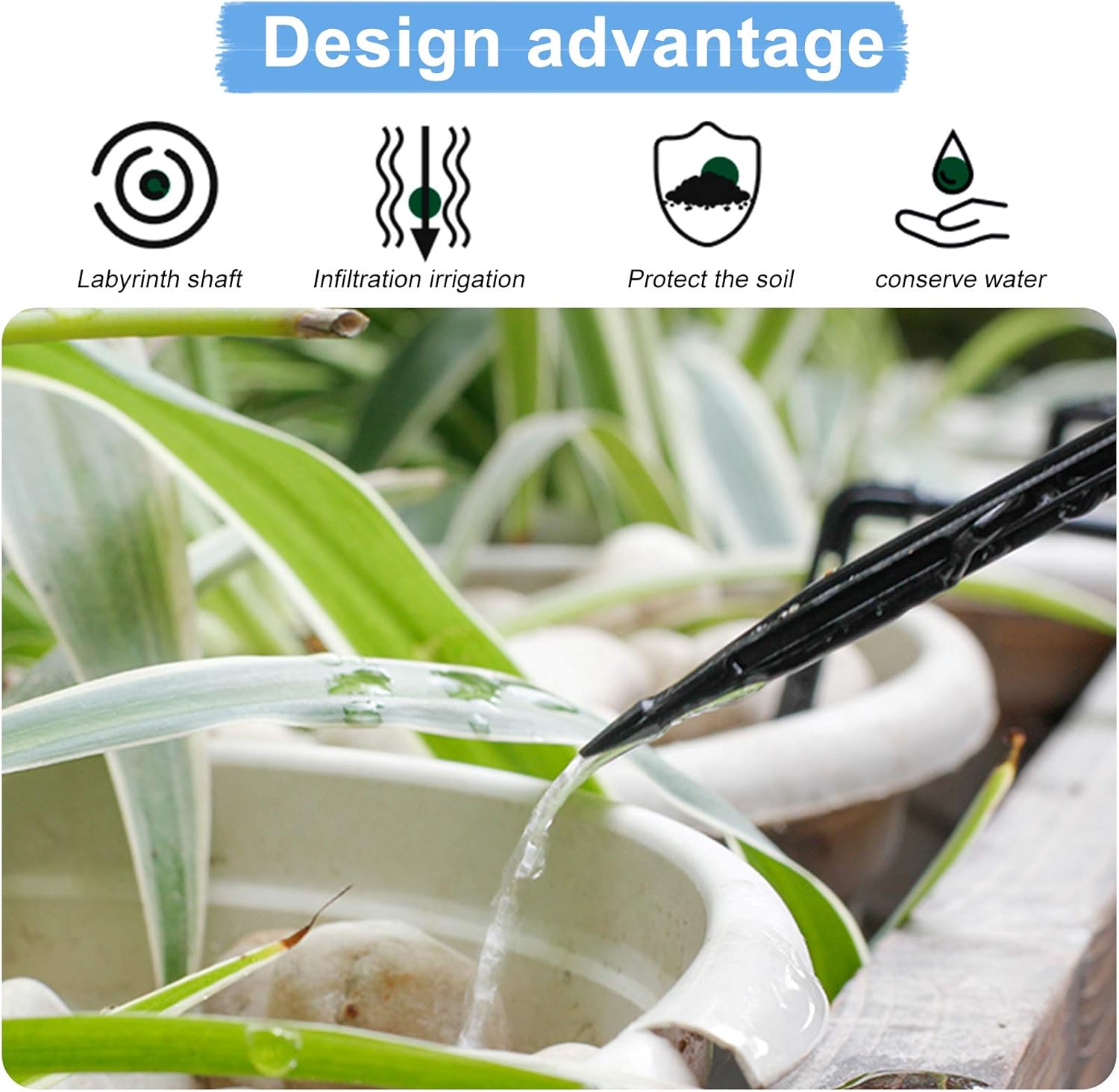 Close-up of a drip irrigation stake with water dripping into a plant pot, highlighting design advantages like infiltration and water conservation.