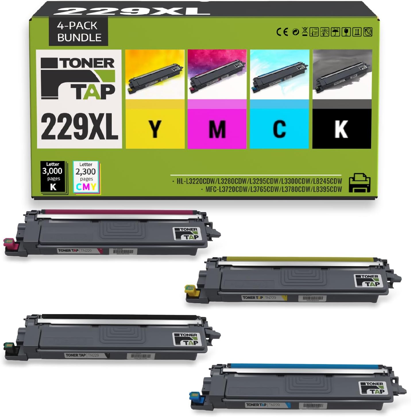 TonerTap TN229XL Toner Cartridges High Yield 4-Pack, Replacement for Brother TN229 & TN229 4-Pack, Compatible with Brother HL-L3280CDW, MFC-L3780CDW, HL-L8265CDW and More (Non-OEM)
