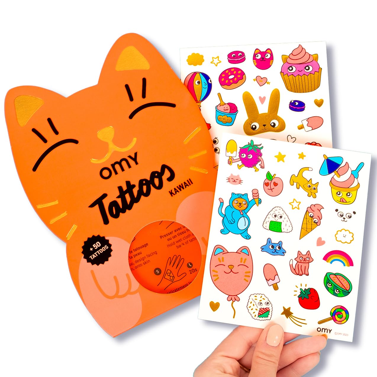 Omy Kawaii Temporary Tattoos for Kids - 50 Cute & Colorful Designs | Safe, Long-Lasting & Easy to Apply | Age 3 and Up