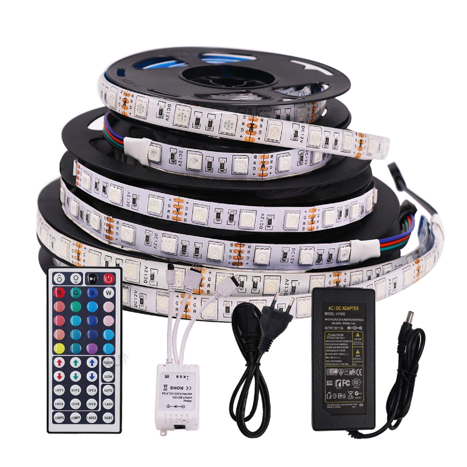 XUNATA 12V Tiras LED RGB 5050 SMD Para TV Tira de Luces LED Kit Completo con control remoto de 44 teclas- (20m 1200 LEDs) No impermeable