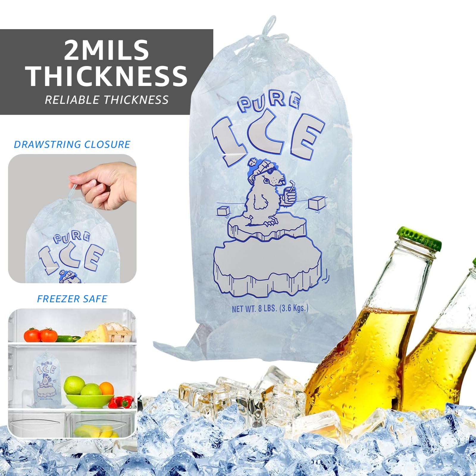 50 Pack 5lb Drawstring Ice Bags - Heavy Duty Storage Bags With Cotton Handles