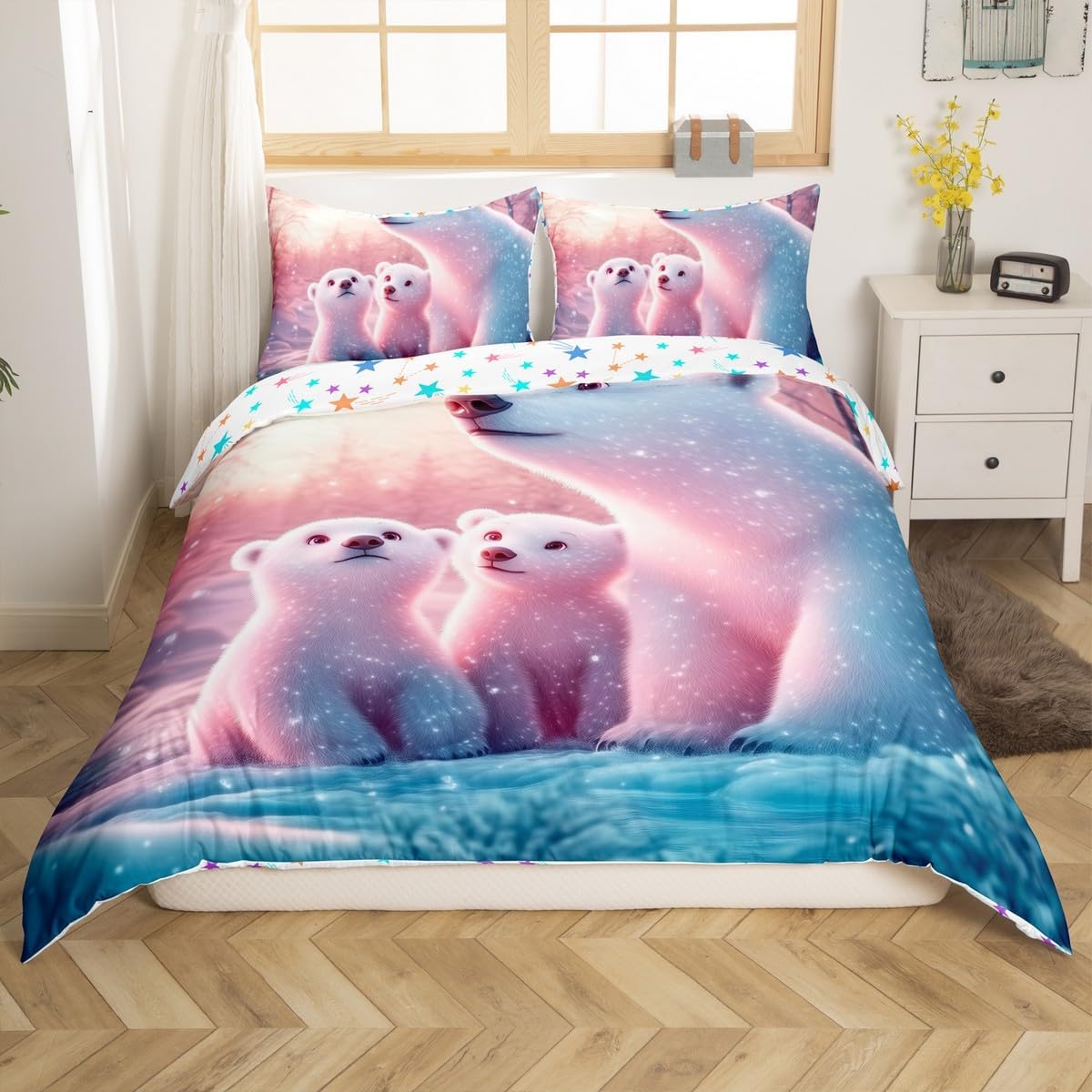 Manfei Polar Bear Kids Duvet Cover Set Toddler Size,Arctic Lights Iceberg Bedding Set,Boys Girls Room Decor,Wild Animal Theme Quilt Cover,Pink White,No Comforter