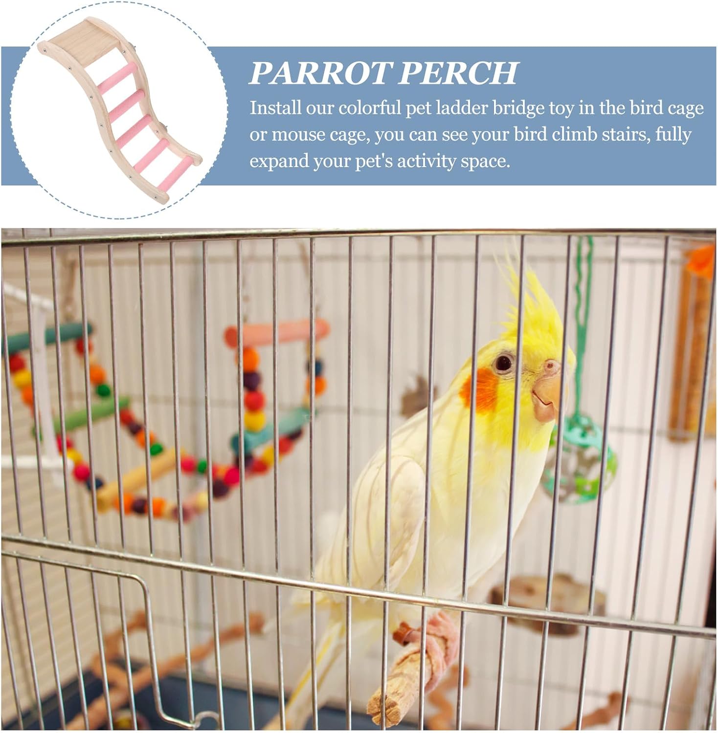 Cabilock Budgerigar Climbing Ladder for Birds, Pink Wooden Parrot Cage Ladder with Chewing and Hanging Function, Bird Cage Accessory for Indoor Play and Exercise