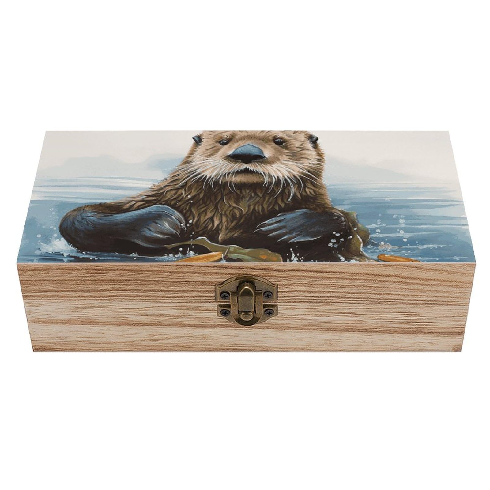 Boîte de rangement en bois loutre de mer avec couvercle déco