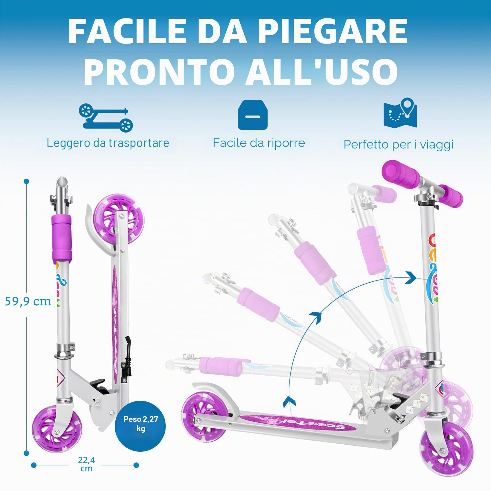 BELEEV V1 Monopattino per Bambino 2 Ruote con Supporto, 3 Monopattini per Bambini Regolabili in Altezza, Monopattino Scooter per Bambina con Il LED Illumina le Ruote per Ragazze e Ragazzo