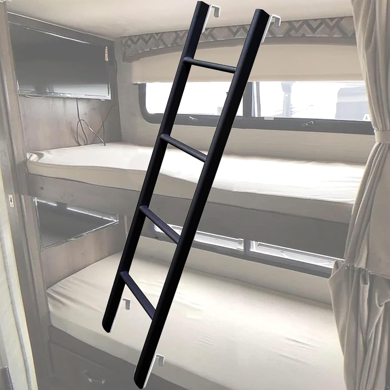 RV Bunk Bed Ladder Replacement, Black Metal Bunk Bed Ladder with Hooks, Adjustable Climb Ladder/Twin Bed Ladders for Interior Dorm Loft Camper (Size : 116cm(45"))