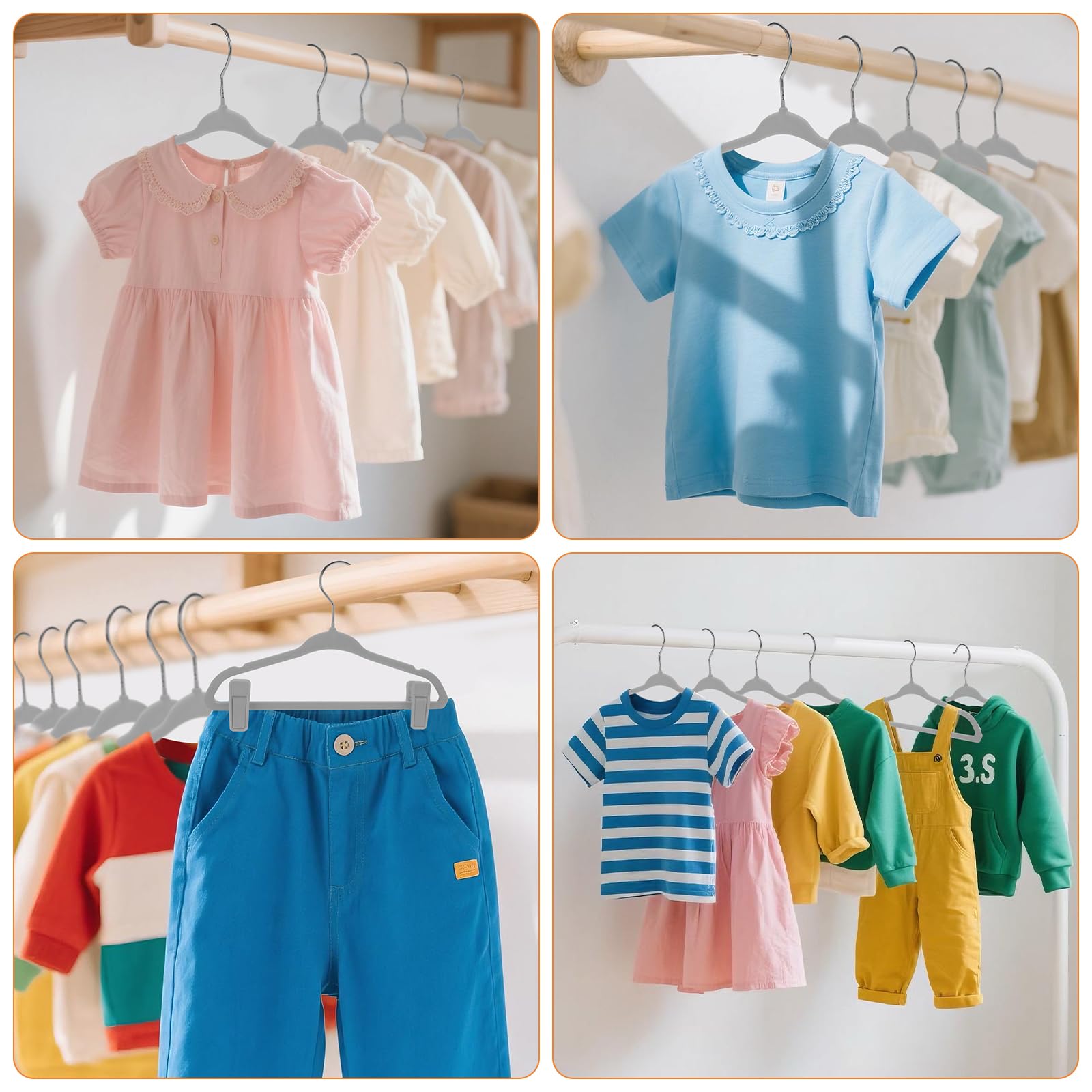 Babyrish Perchas de Terciopelo para bebé con Clips de 28 cm, ultrafinas, Fieltro Antideslizante, Organizador de Ahorro de Espacio para habitación Infantil y niños pequeños, Color Gris, 30 Unidades