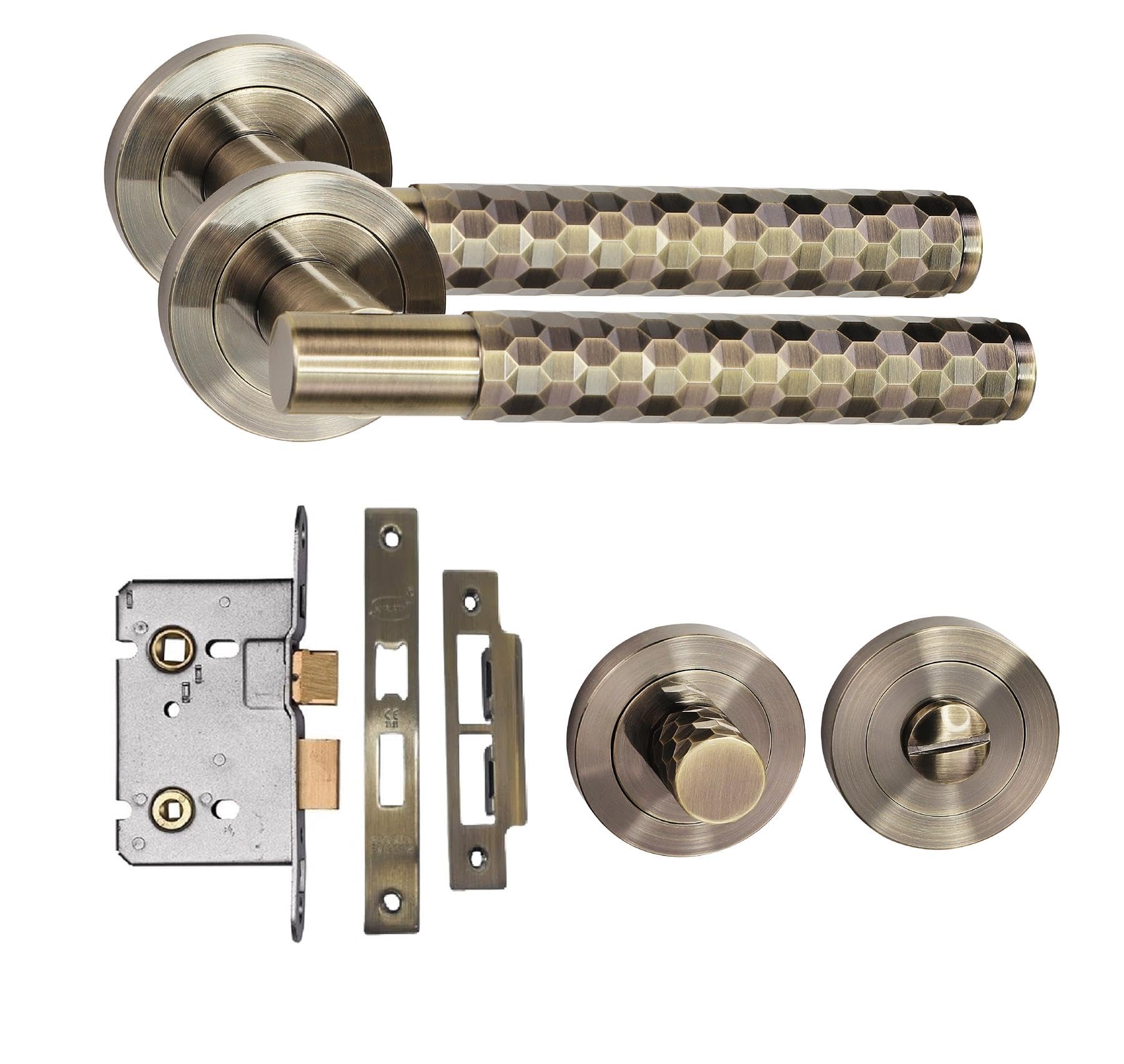 Golden Grace Knurled Hex Cut T-Bar Bathroom Door Handle Set Thumbturn and Mortise Lock Antique Brass
