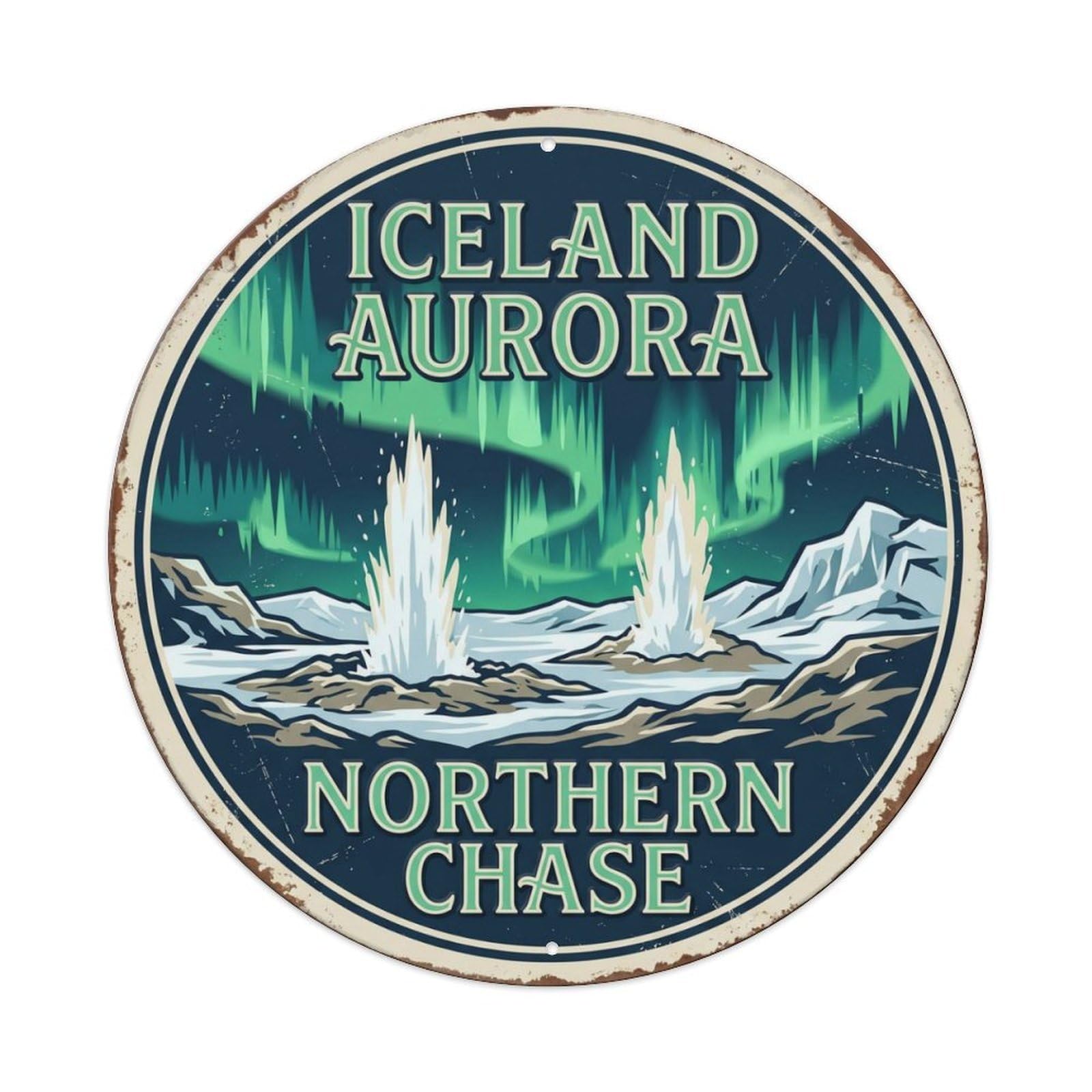 Aurora Northern Chase Iceland Sky Metal Tin Sign Plaque Wall Decor for Cafe, Club Bar, Office, Home Garden Round Metal Poster 8x8Inch