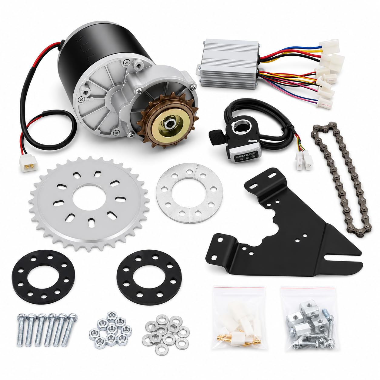 Kit de Conversion Vélo Électrique 350W 36V, Moteur Électrique à Balais avec Chaîne, Pignon, Contrôleur et Accélérateur au Pouce, Kit Motorisation DIY pour VTT, Vélo, Tricycle et Scooter 16-28 Pouces