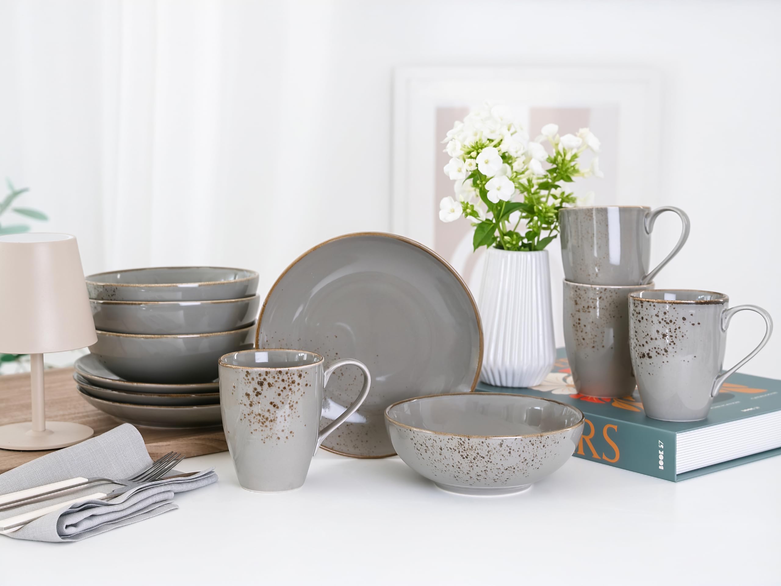 CreaTable, 24970, seria Nature Collection Stone, 12-częściowy zestaw naczyń dla 4 osób, serwis do kawy z kamionki, nadaje się do mycia w zmywarce i używania w kuchence mikrofalowej, wyprodukowano w