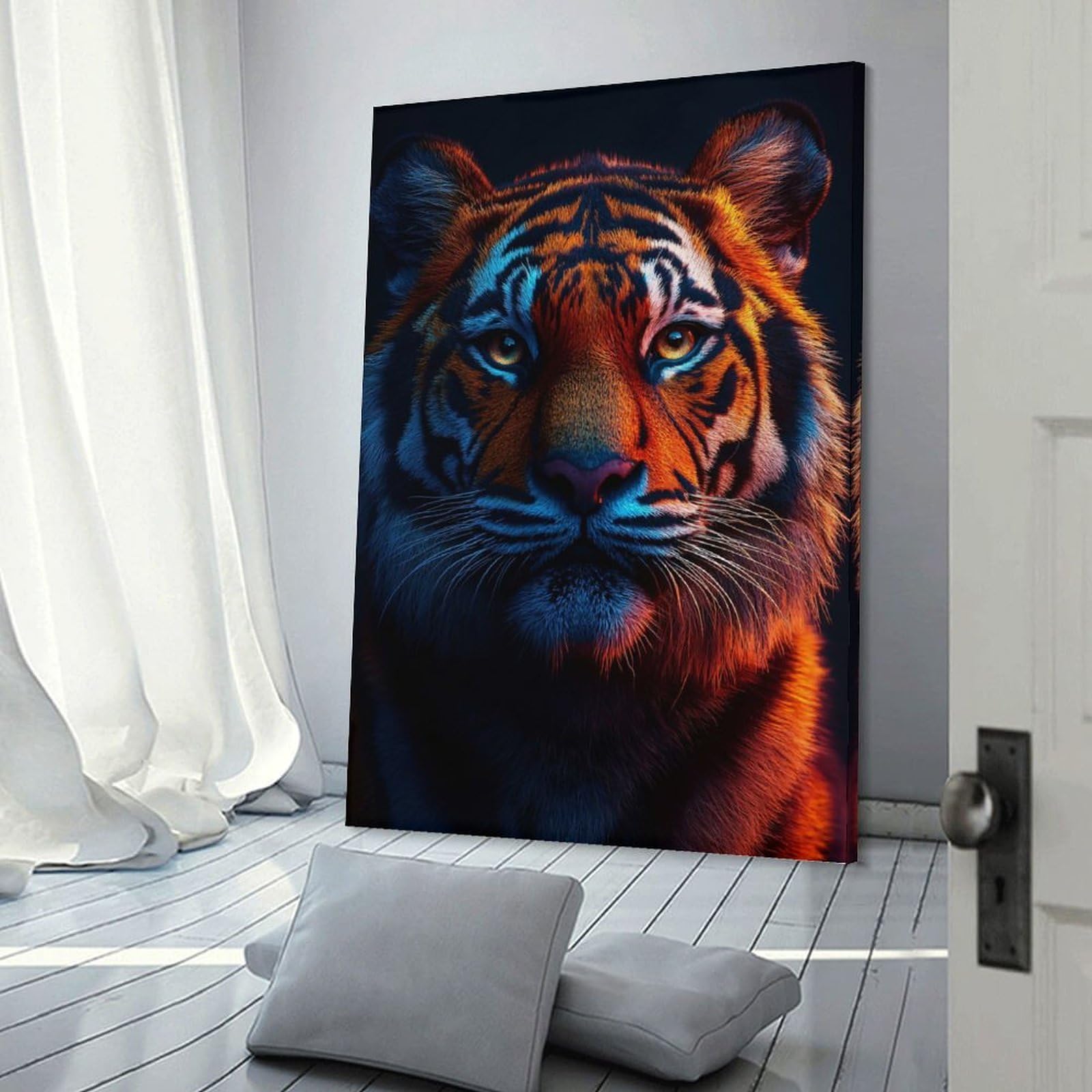 Junmoney Tiger Portrait with Neon Lighting Canvas Wall Decor, 08x12inch(20x30cm), for Office, Study Or Home Workspace, Wall Art That Adds Style to Work Areas
