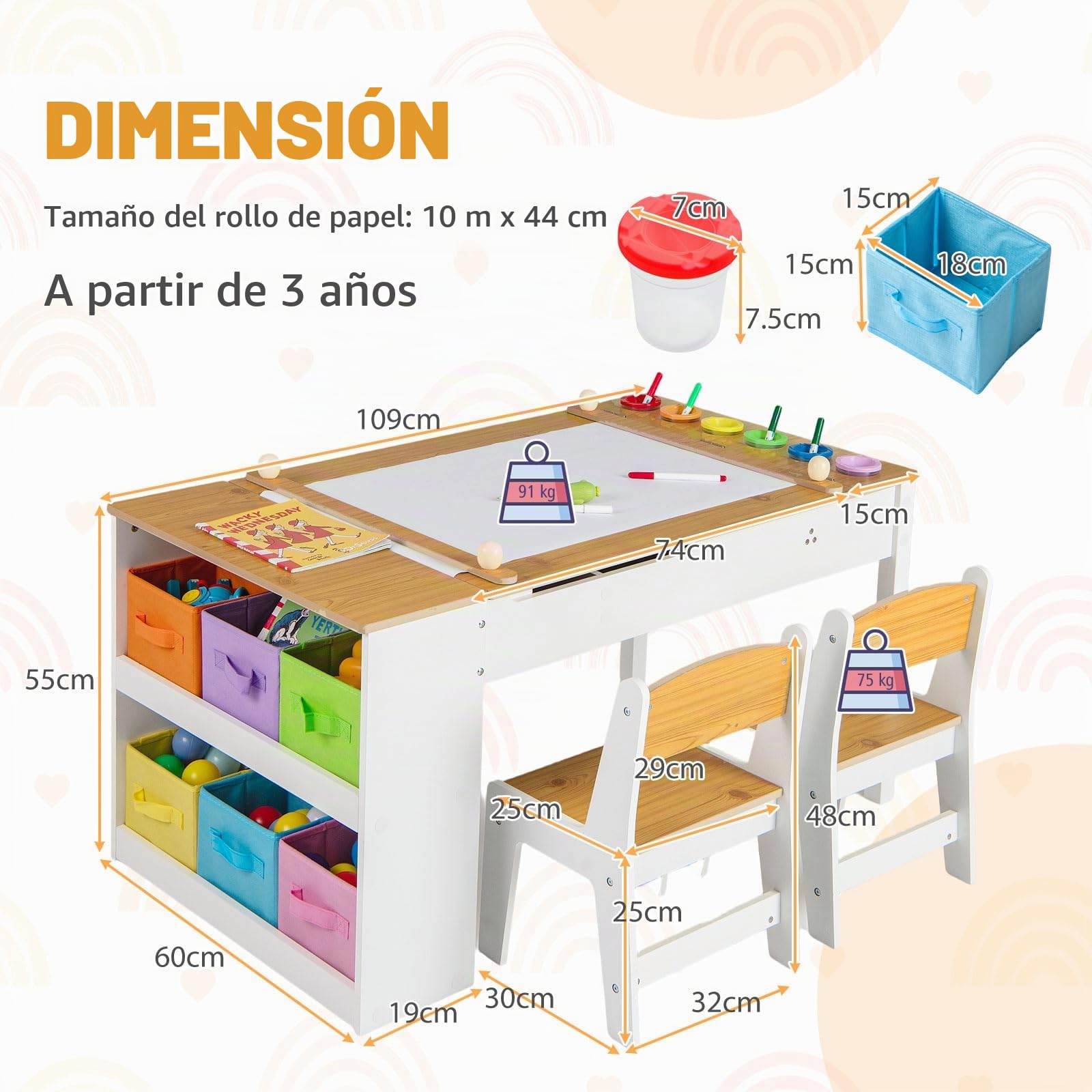 LIFEZEAL Juego de Mesa y Silla Infantil, Pupitre y Caballete 2 en 1, Mesa de Actividades con 6 Cajas de Almacenamiento y 5 Tazas de Pintura, Set de Asientos para Niños con Rollo de Papel (Natural)