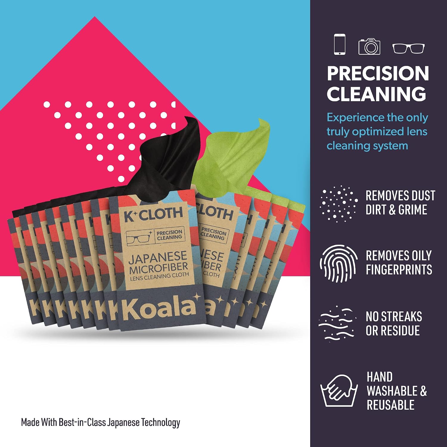 Koala Lens Cleaning Cloth | Jumbo (XL) Size | Japanese Microfiber | Glasses Cleaning Cloth | Eyeglass Lens Cleaner | Safe for Camera Lenses and Screen Cleaning, Black & Green (Pack of 3)