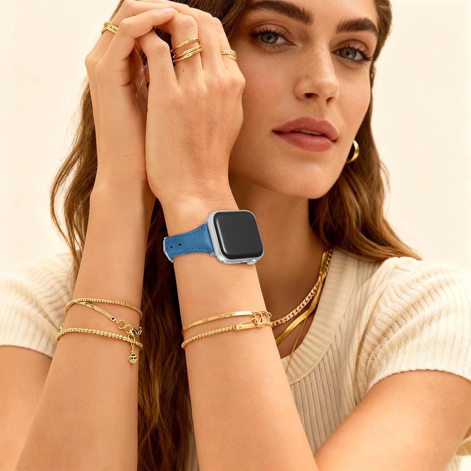 Slim Genuine Nappa Leather Bands Compatible with Apple Watch Band 38mm 40mm 41mm 42mm 44mm 45mm 46mm Women, Sweatproof Ultra Soft Leather Replacement Straps for iWatch Ultra/SE/1/2/3/4/5/6/7/8/9/10/11