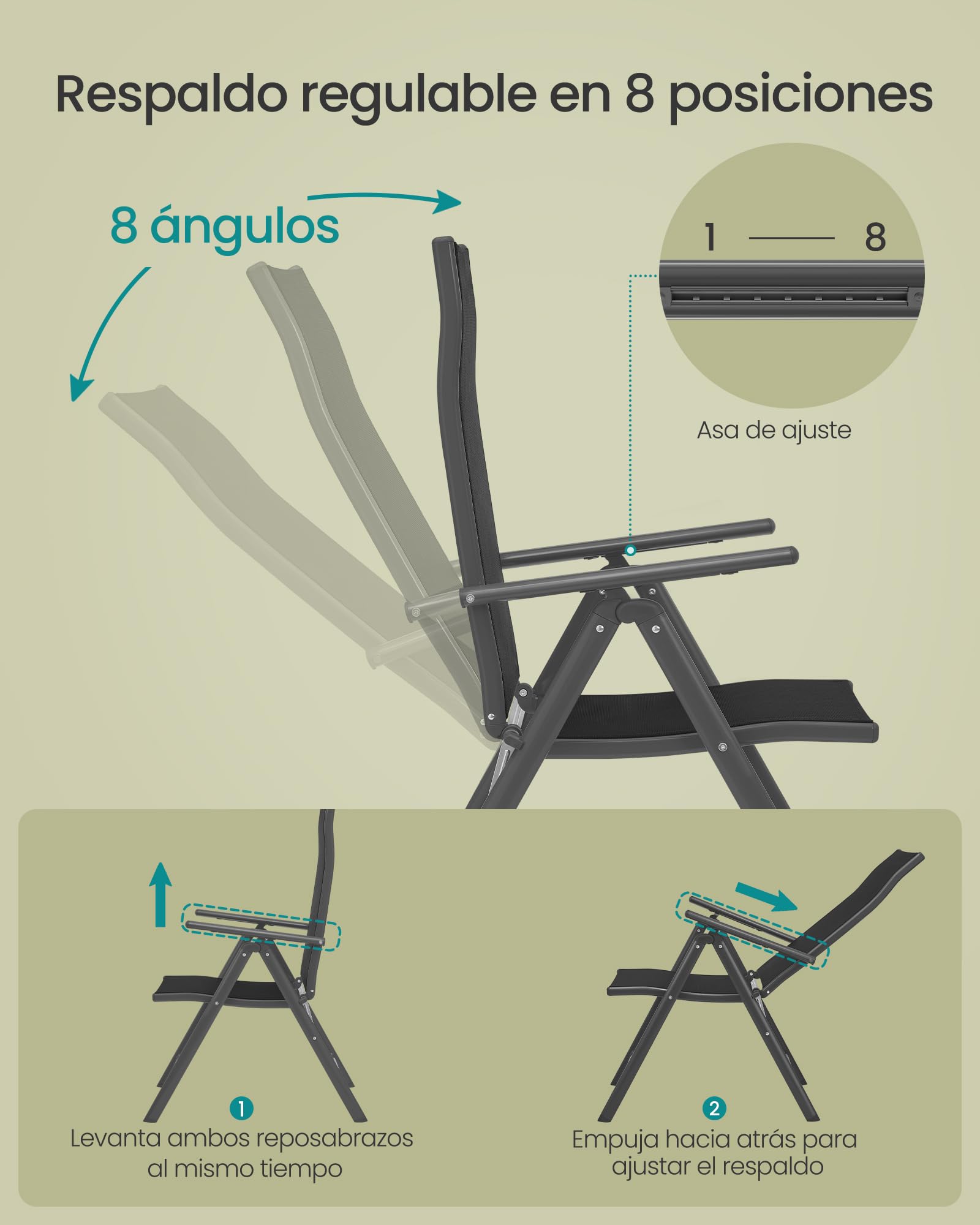 SONGMICS - Silla de jardín Plegable, Juego de 2, Asiento al Aire Libre, Marco de Metal, Respaldo Ajustable en 8 Posiciones, Capacidad de Carga 150 kg, Negro GCB29BK