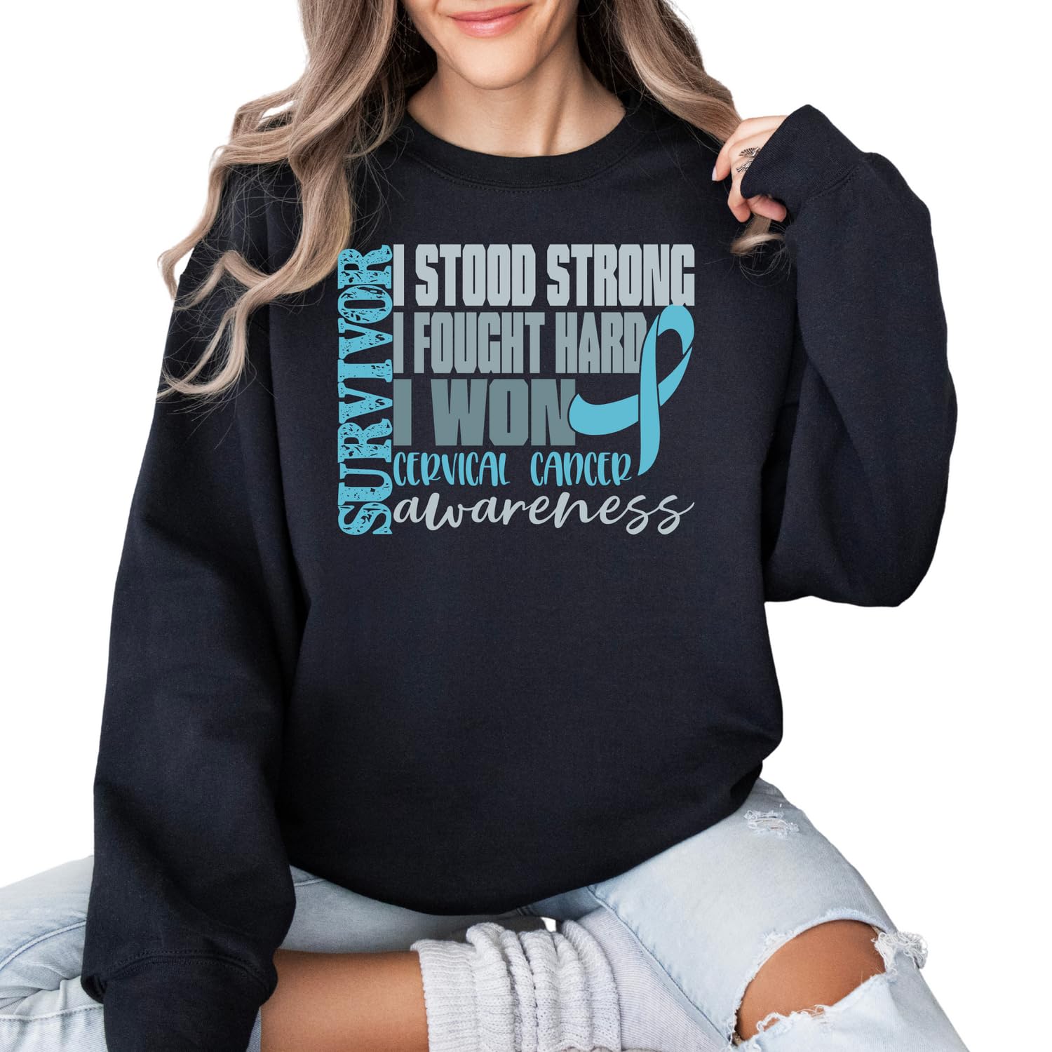 Cancer Survivor Sweatshirt, Cervical Cancer Awareness Sweater, Teal Ribbon Motivational Hoodie
