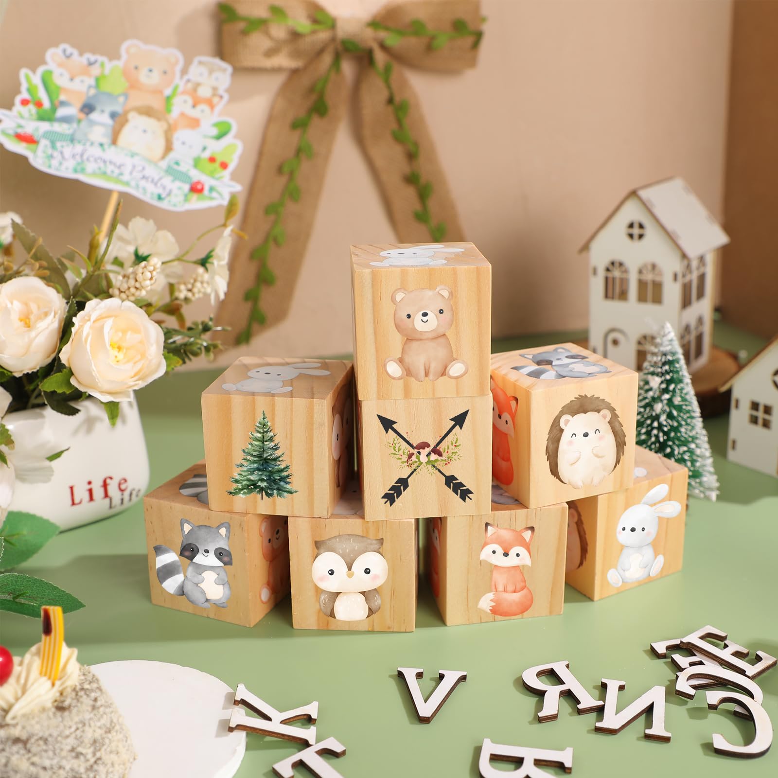Wonderjune Letrero de madera con nombre de animales del bosque, 8 bloques de animales del bosque con 78 letras de madera, cubos de madera para guardería, baby shower, nombre del alfabeto, letreros de