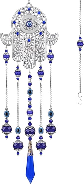 Crystal Prism Suncatcher Ornament with Hamsa Fatima Hand Protection Charm Turkish Greek Blue Evil Eye Sapphire Crystals Beads for Window Hanging Decoration