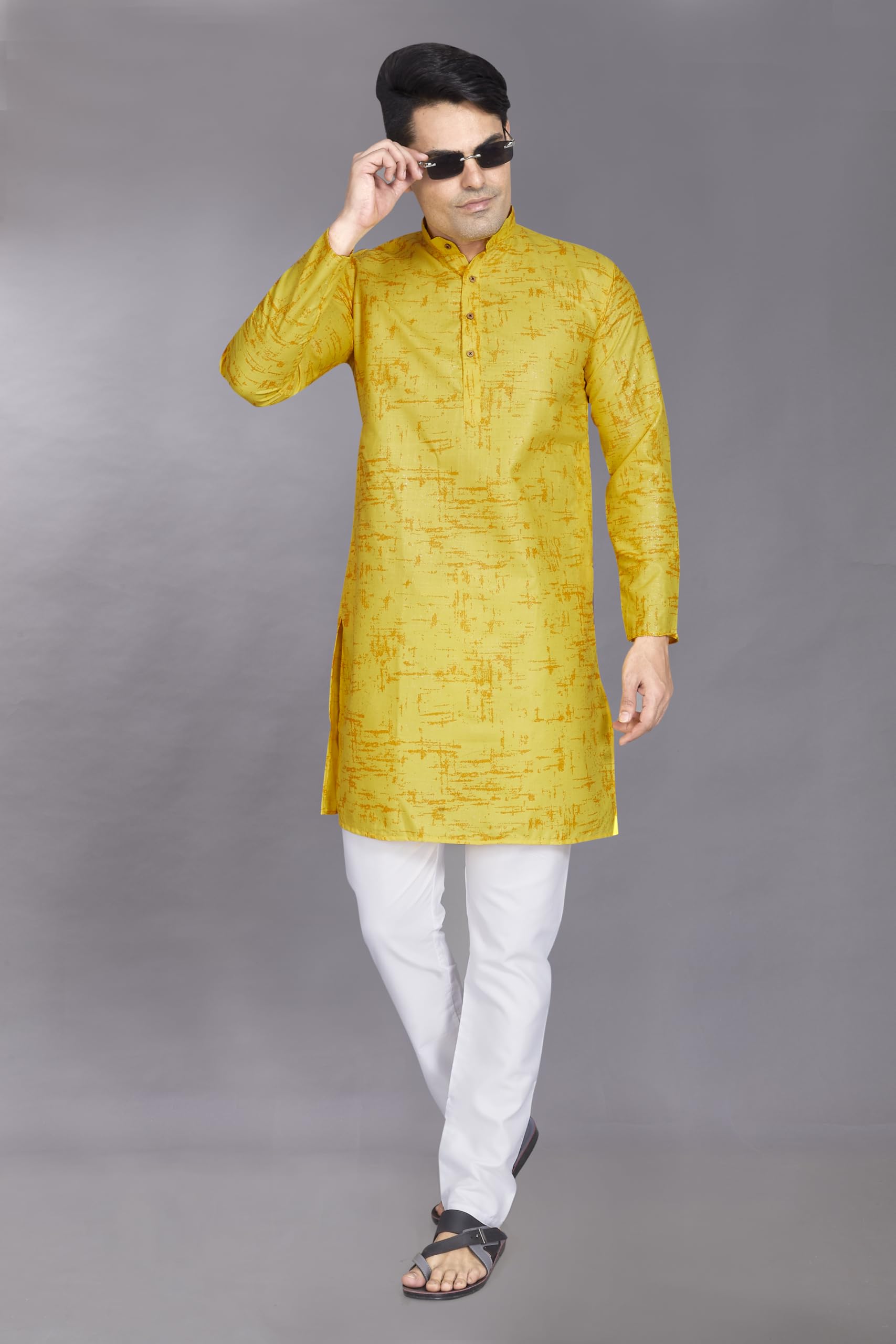 Divisive Men's Printed Cotton Blend Linen Slim Fit Kurta Pyjama Set (Dkrt874_Xl_Yellow)