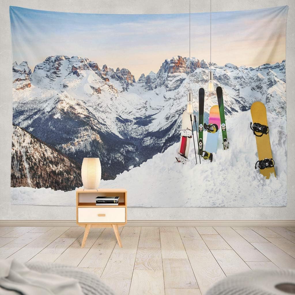 Tapestry Snowboards Ski Standing Snow Slope Mountains Sunset Sky Skiing Hanging Tapestries 60 X 80 Inch Wall Hanging Decor for Bedroom Livingroom Dorm