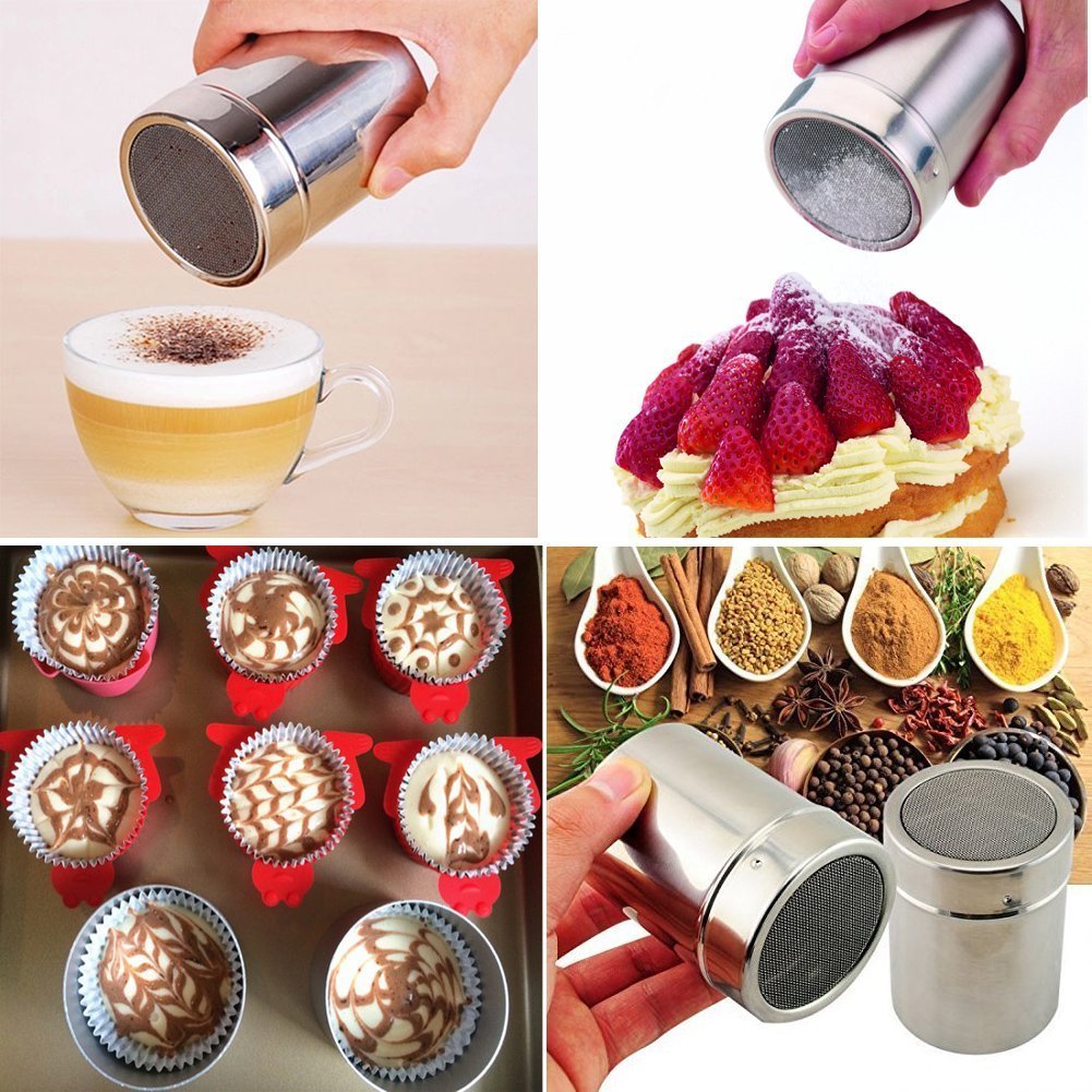 Roestvrijstalen Poedersuiker Shaker met Deksel, 2 Maten Koffie Cacao Kaneel Shaker Blikjes Mesh Duster Mesh Sifter Sprinkler Voor Latte Cappuccino, Cupcake Stencils(L