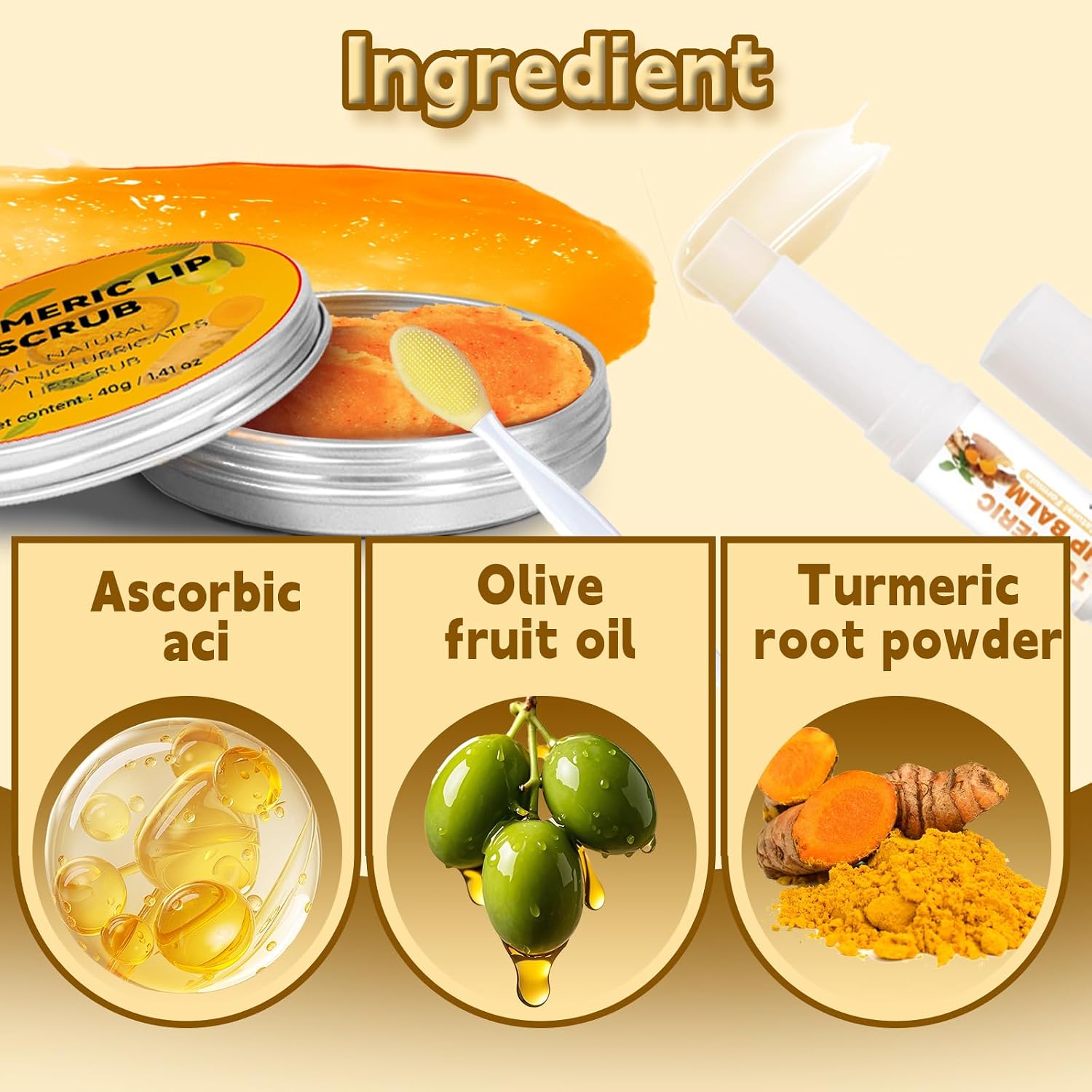 HAIOLORPRO 4PCS Turmeric Lip Scrub and Turmeric Lip Balm with Brush Set, Natural Lip Scrubber Exfoliator for Dry, Dull, Chapped, Dark lips, Reduces Fine Lines, Deeply Hydrates and Moisturizes