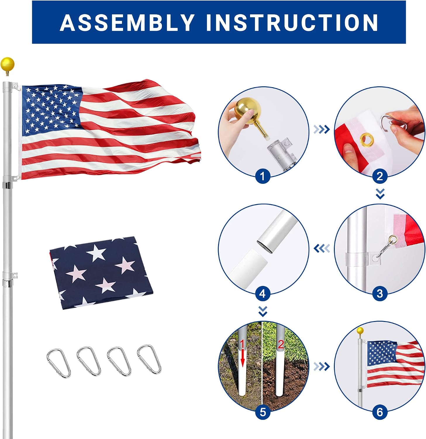 Gientan 30FT Telescopic Flag Pole, Extra Thick Heavy Duty Aluminum Flagpole Kit with 3x5 US Flag and Golden Ball Finial, Outdoor In Ground Telescoping Flagpole for Commercial Residential Yard, Silver
