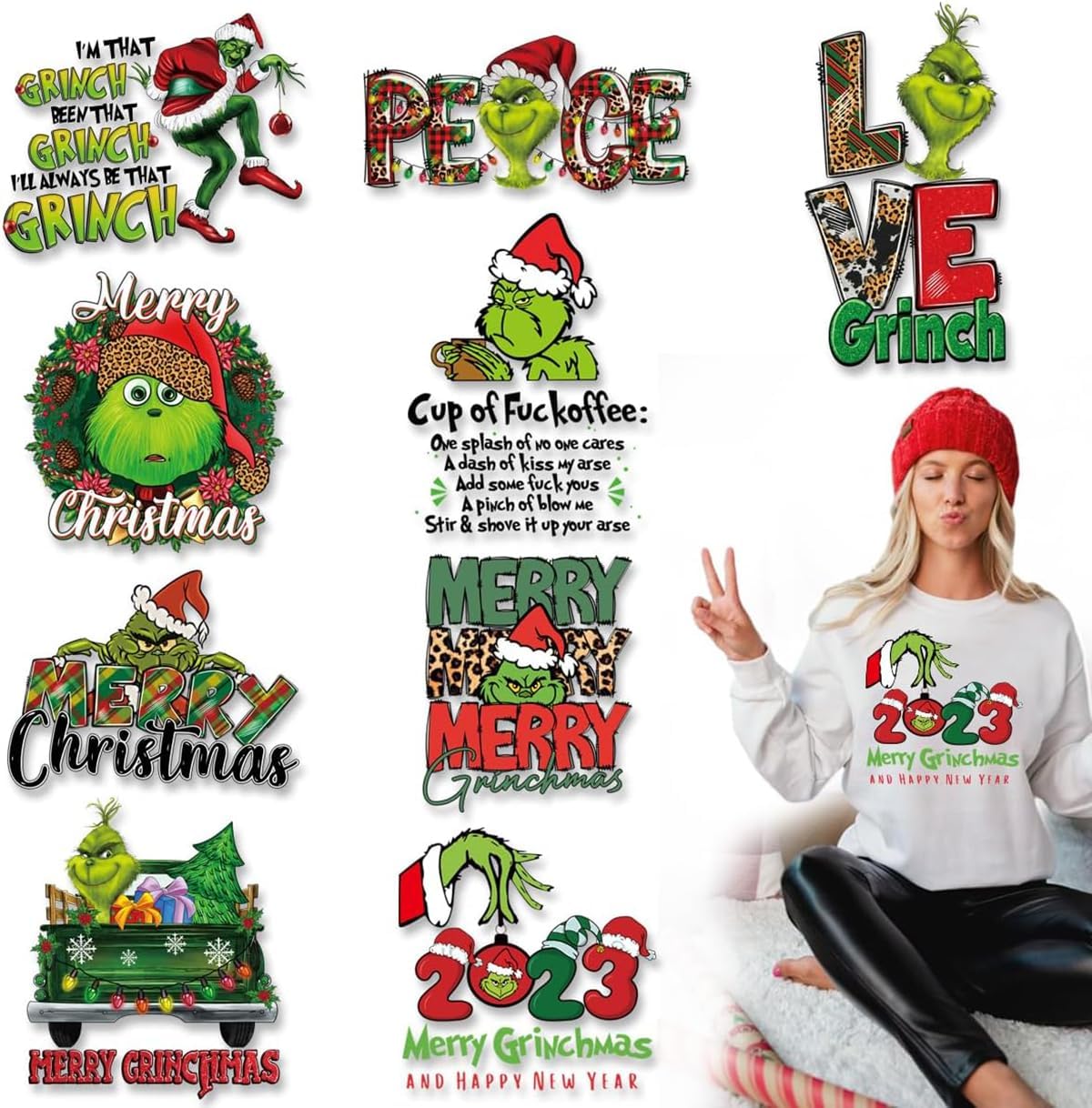 9 Sheets Christmas Grinch Iron on Transfers for T Shirts