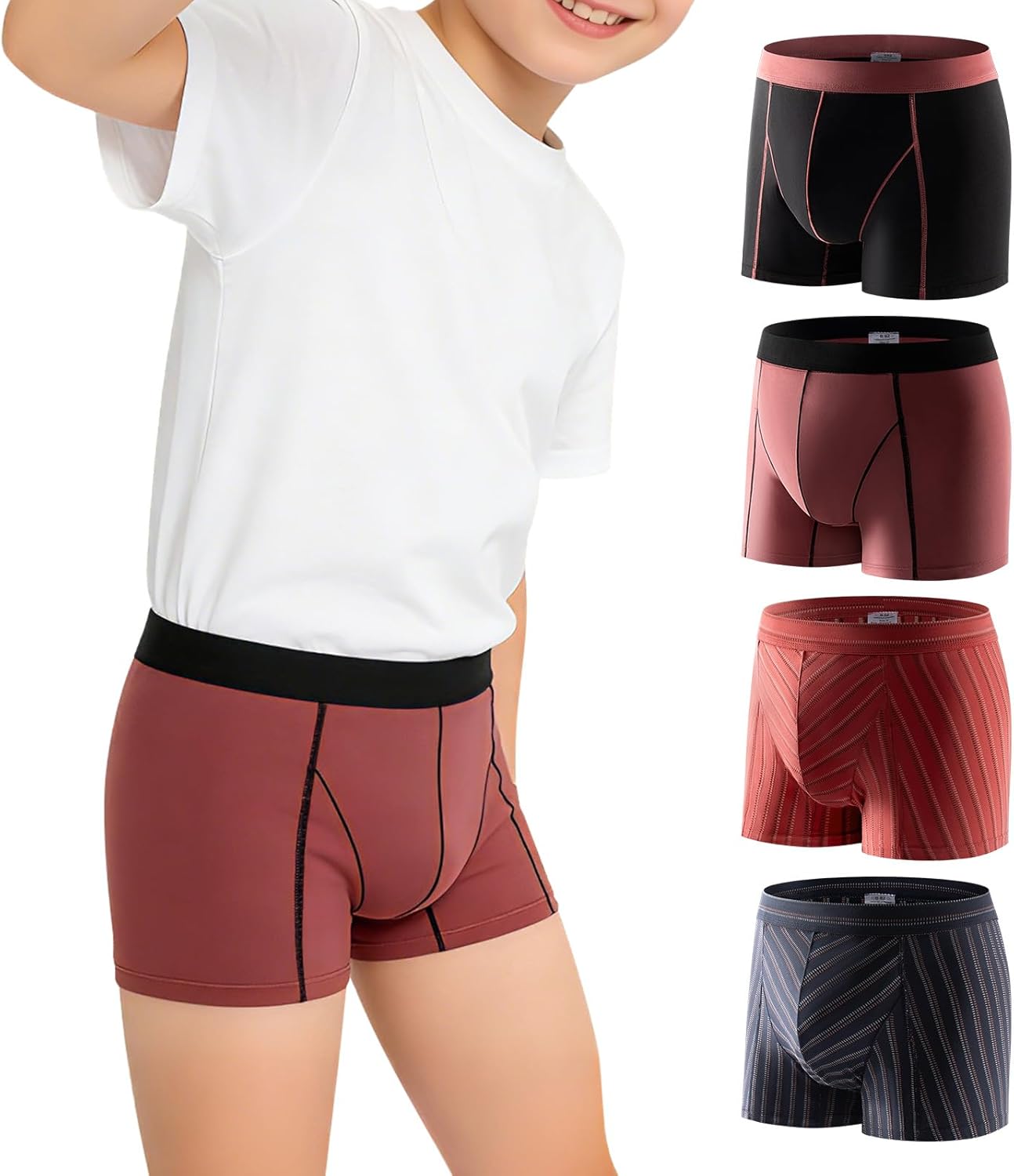Carer Absorbent Boxer Briefs for Boys Reusable Leak-Proof Pants for Kids 4-Pack Washable Regular Underwear for Daytime Incontinence, Multi-Colored, Size 10