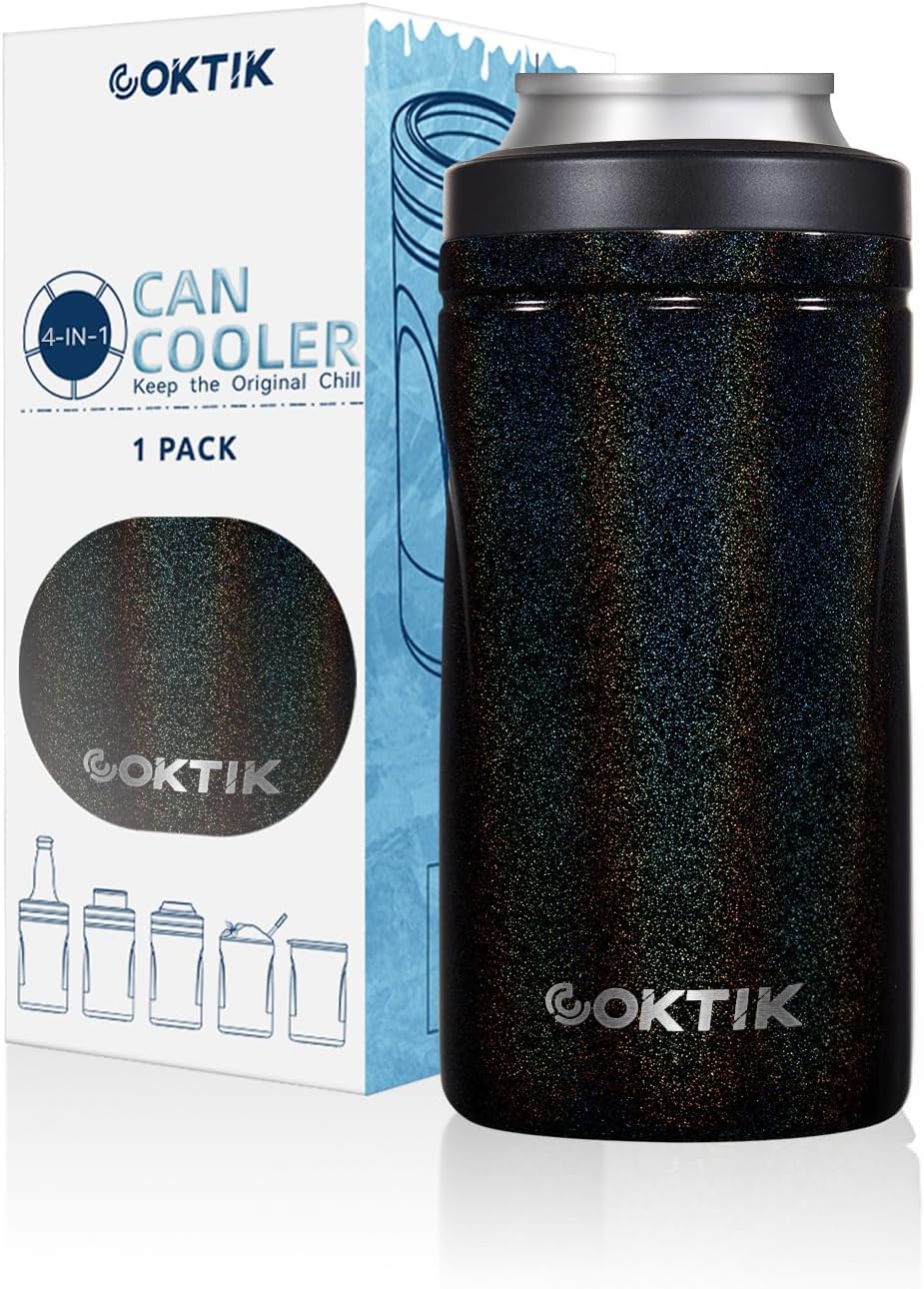 COKTIK 4 in 1 Insulated Can Cooler, Doublae Wall Slim Can Cooler for 12 oz Regular or Slim Cans & Beer Bottle (Black Shimmer)